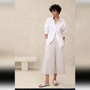 Banana Republic Linen Blend Pants, Beige Wide-Leg Pull-On Crop Pant Size Medium